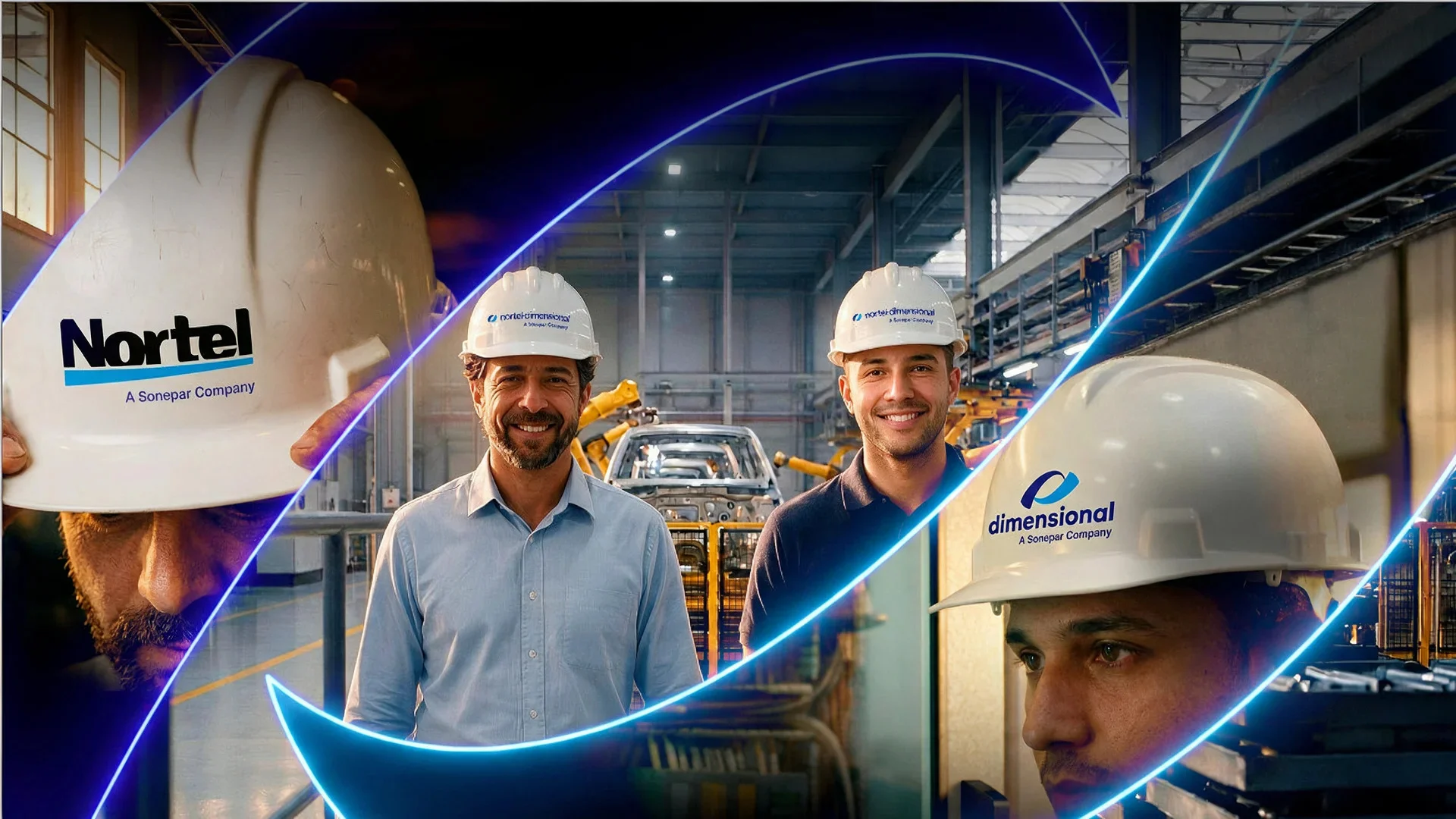 Ilustração de dois homens com capacetes da Nortel